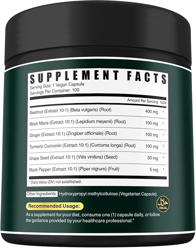 6in1 Beet Root Capsules with Maca Root, Grape Seed, Ginger, Turmeric and Black Pepper for Heart Health & Immune Support - 100 Vegan Capsules