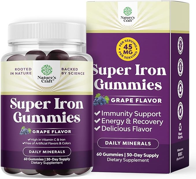 Extra Strength Iron Gummies for Women and Men - Potent 45mg per Serving Chewable Iron Supplement for Women and Men with Vitamin C for Higher Absorption - Vegan Daily Iron Gummy No Artificial Flavors