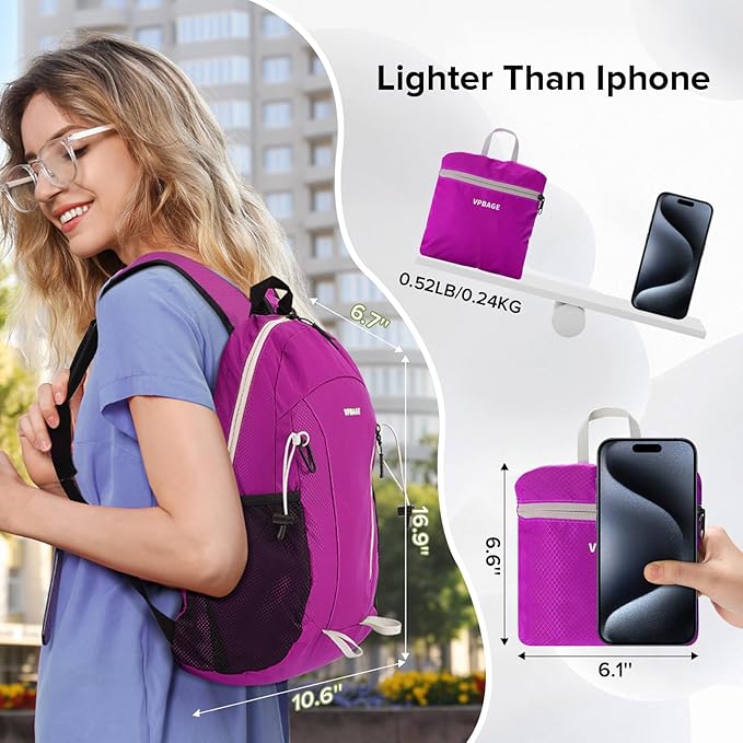 15L Water-resistant Hiking Daypack, Small Backpack Travel Outdoor, Lightweight Day Pack with Tool Loops