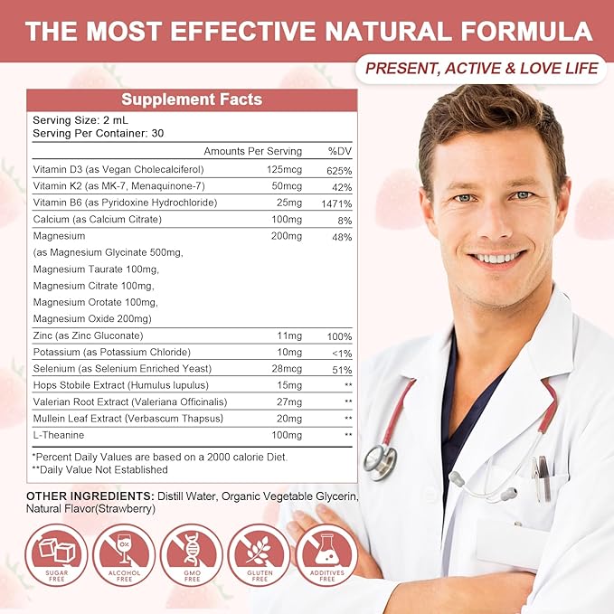 Magnesium Glycinate Liquid Drops - 1000mg 5-in-1 High Absorption Liquid Magnesium Complex with D3/K2/B6 | Fast-Acting, Bone, Muscle & Sleep | Sugar-Free Strawberry Flavor, 2fl Oz