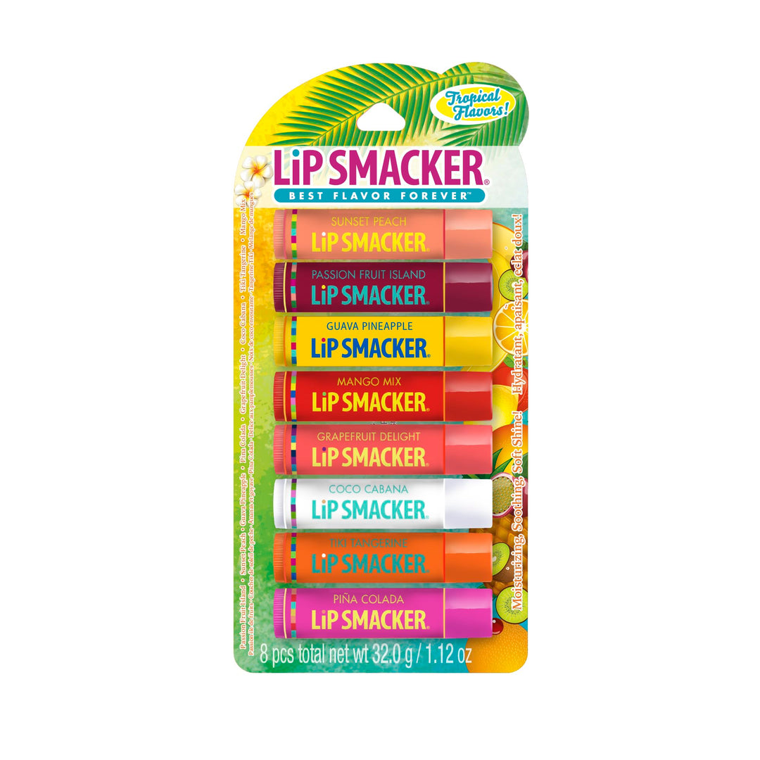Lip Smacker Flavored Lip Balm Tropic Fever 8 Count (Pack of 1), Passion Fruit, Peach, Breezey-Teazey, Pina Colada, Grapefruit, Coca Cabana, Tangerine, Mango, Clear