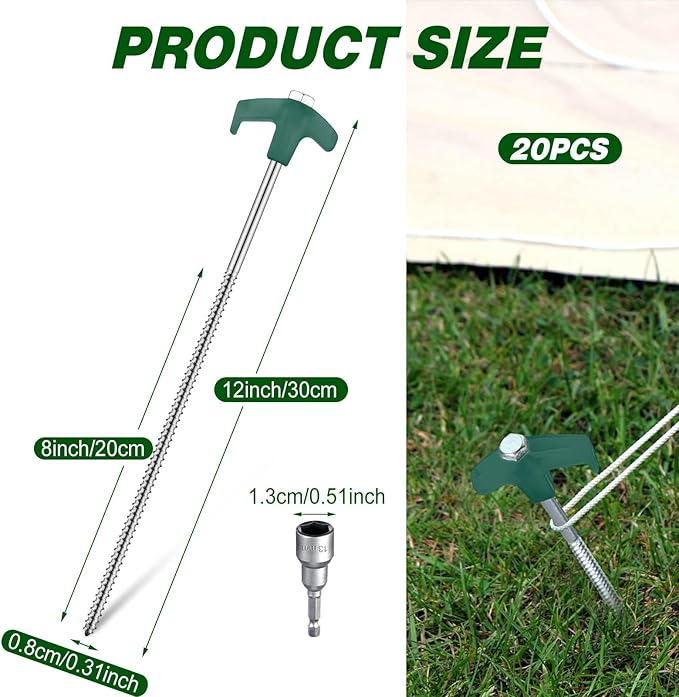 Hicarer 12 Inch Tent Stakes Screw in Camping Stakes Heavy Duty Metal Stake Ground Anchor Peg Threaded Tent Spikes with Hex Head Driver for Camping Garden Inflatable