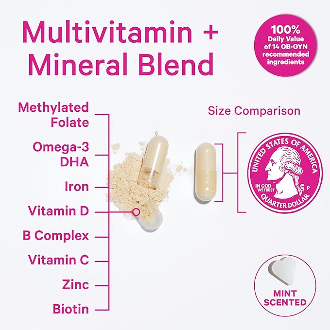 Pink Stork Total Prenatal Vitamins with DHA, Folate, Iron, Choline, and Vitamin B12 - Preconception Nutrition - Prenatals for Women, Pregnancy Must Haves - Mint Essence, 180 Capsules, 3 Month Supply