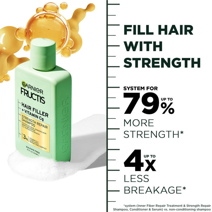 Garnier Fructis Hair Filler Strength Repair Shampoo with Vitamin Cg, Sulfate Free Shampoo for Weak, Damaged Hair, 10.1 Fl Oz, 1 Count