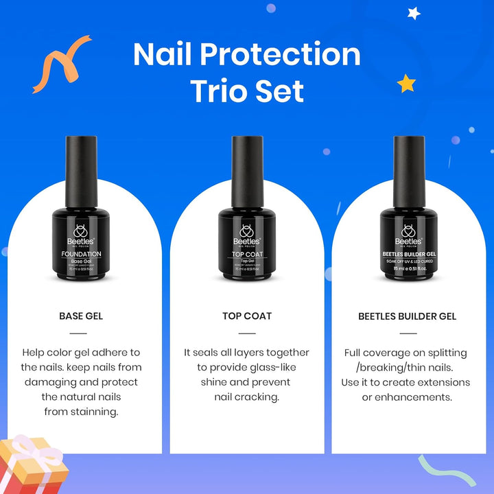 Beetles 3Pcs Builder Nail Gel Set | 15ml No Wipe Top Coat & Base Coat | Long-Lasting Shine for Women