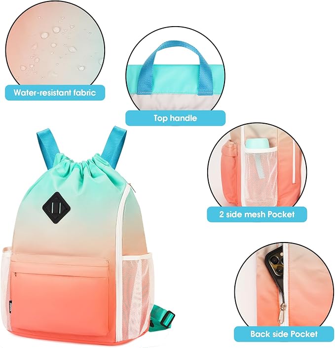 WANDF Drawstring Backpack Sports Gym Bag with Shoes Compartment, Water-Resistant String Backpack Cinch Bag for Women Men (Red-Green Gradient)