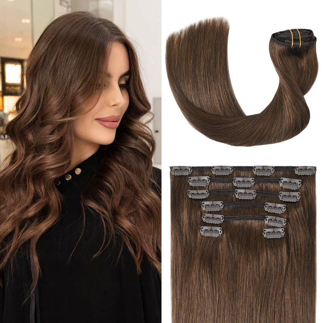 UGOTRAYS Medium Brown Real Human Hair Clip-in Extensions 115g 7pcs 22inch, Soft & Natural Straight Double Weft Remy Hair for Women 22in #4 Chocolate Brown