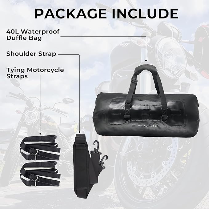 40L Waterproof Motorcycle Duffel Bag - Motorcycle Luggage Tail Bag with Straps for Back Seat - Roll Top Dry Bag for Kayaking, Rafting, Boating, Camping, Travel, Beach (Black)