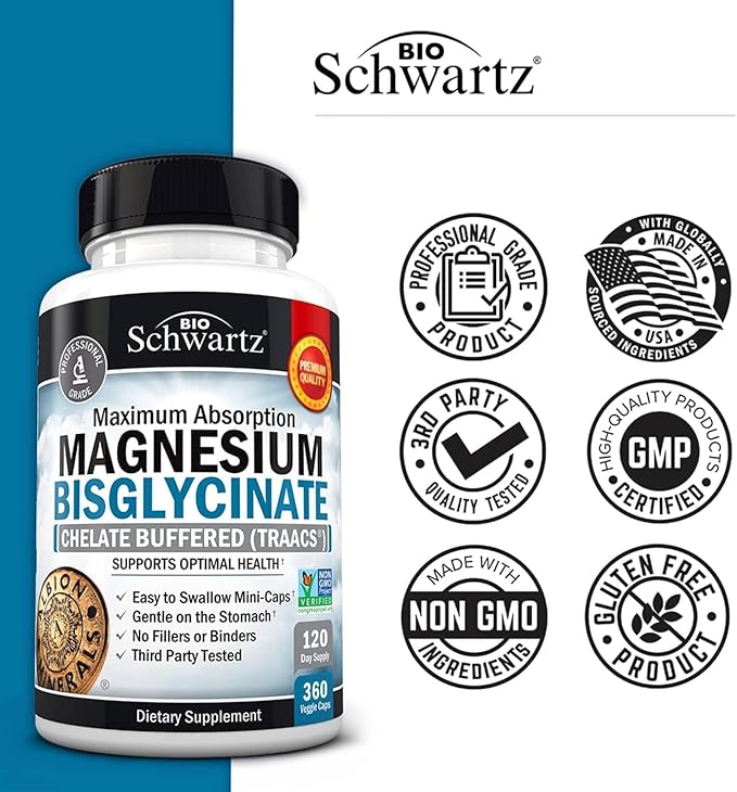 Magnesium Bisglycinate Chelated Supplement - High Absorption Magnesium Supplement for Muscle, Bone & Joint Support, Non-Laxative, Fully Buffered, Non-GMO, Maximum Bioavailability - 360 Capsules