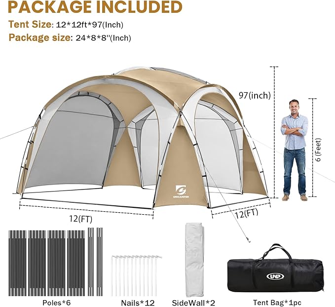 Beach Tent 12 X 12ft Large UPF50+ Pop Up Canopy with 2-Pcs Side Wall, Sun Shelter Rainproof, Waterproof for Camping Trips, Backyard Fun, Fishing, Parties, Or Picnics(Khaki-Upgrade)