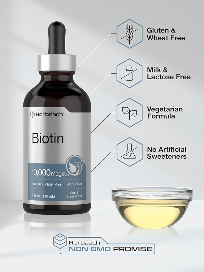 Horbäach Biotin Liquid Drops 10000mcg | 4 fl oz | Berry Flavor | Vegetarian, Non-GMO & Gluten Free Supplement