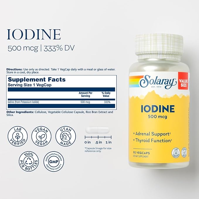 Solaray Iodine 500 mcg, Iodine Supplement for Healthy Adrenal and Thyroid Support, Energy, Metabolism, and Focus, Potassium Iodide, Vegan, 60-Day Money-Back Guarantee, 90 Servings, 90 VegCaps