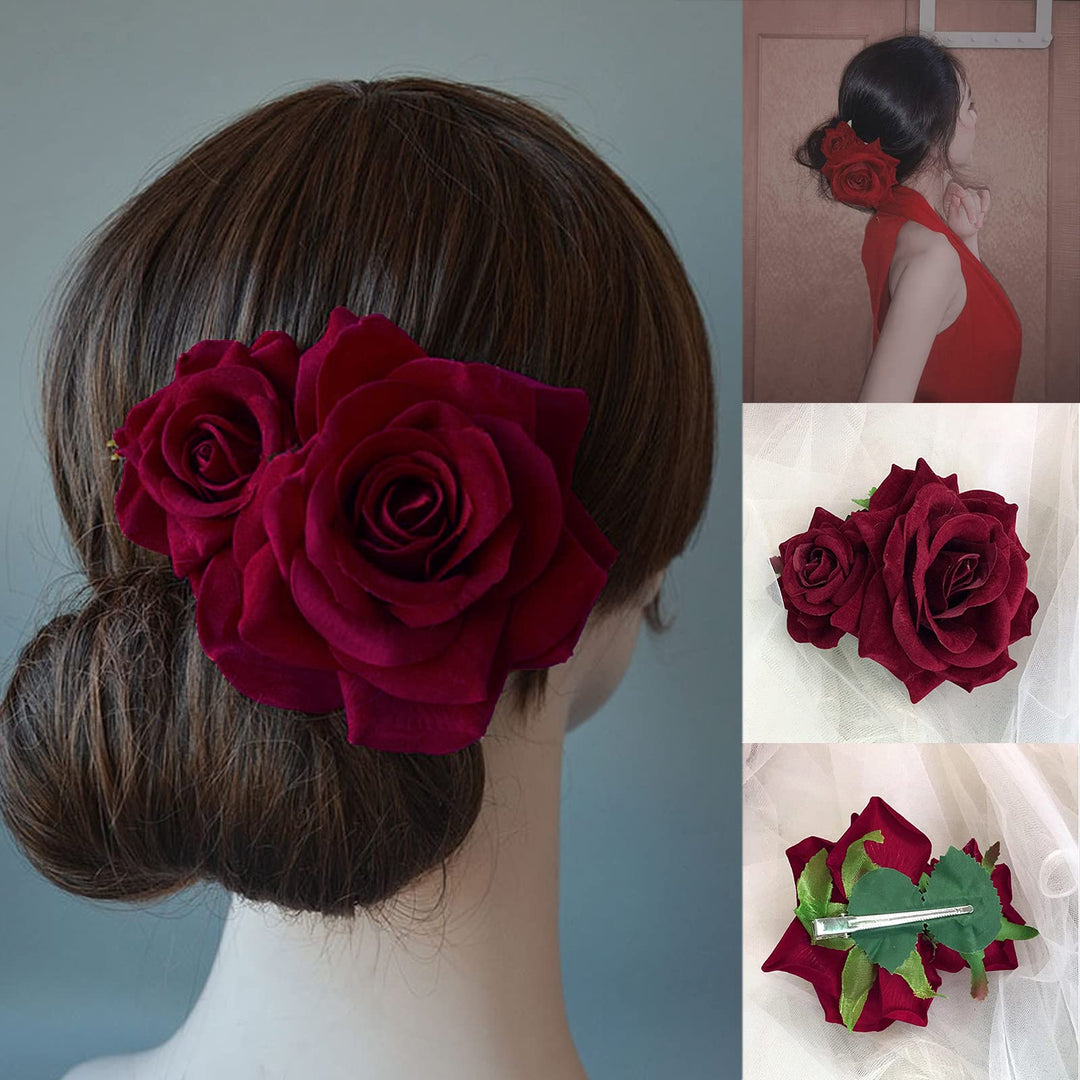 Flower Hair Combs, Rose Flower Bohemia Hairpin Bride Costume Hair Decor for Party Wedding Wine Red