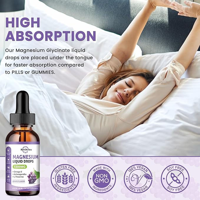 Triple Magnesium Complex Liquid Drops - 1300mg Magnesium Glycinate, Taurate & Citrate with Omega3, L-Theanine, Ashwagandha, Potassium - Support Sleep, Nerve, Immune, Energy - Grape Flavor, 2 Fl OZ