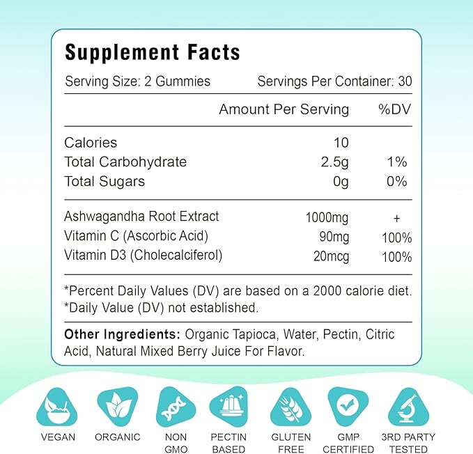 2 Pack Ashwagandha Gummies & Vitamin D Gummies for Women & Men - with Vitamin C for Support Calm Mood, Relaxation & Immune, 120 Mixed Berry Gummies