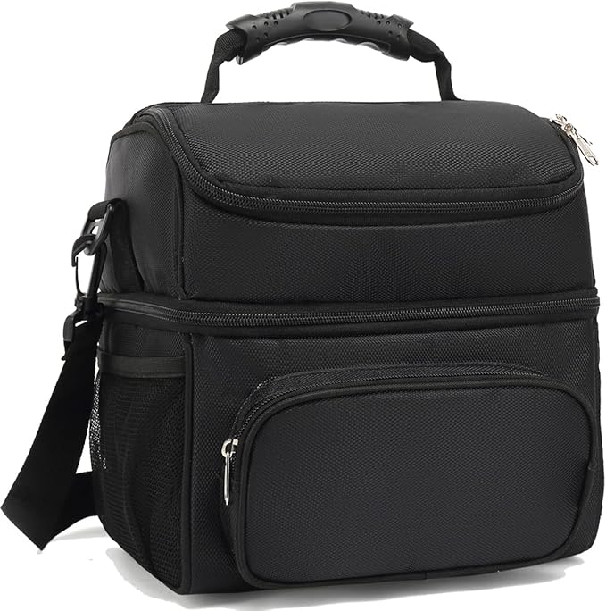 FlowFly Double Layer Cooler Insulated Lunch Bag Adult Lunch Box Large Tote Bag for Men, Women, With Adjustable Strap,Front Pocket and Dual Large Mesh Side Pockets