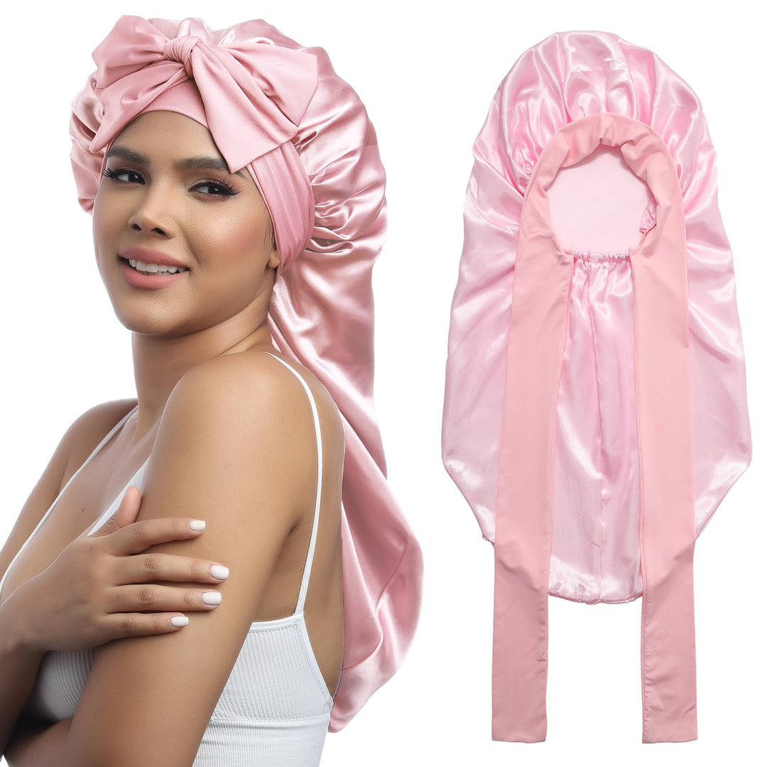 Awaytr Long Satin Bonnet For Women - Double Layer Elastic Silk Bonnet For Braids Hair Sleeping Cap With Tie Band (Pink)