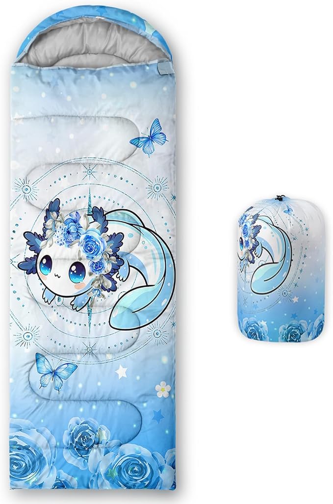 AILONEN Kids Floral Cat Camping Sleeping Bags,Lightweight & Waterproof,3 Season Warm & Cool Weather,Kawaii Kitten Sleeping Bags for Girls Adults,Travelling,Outdoors