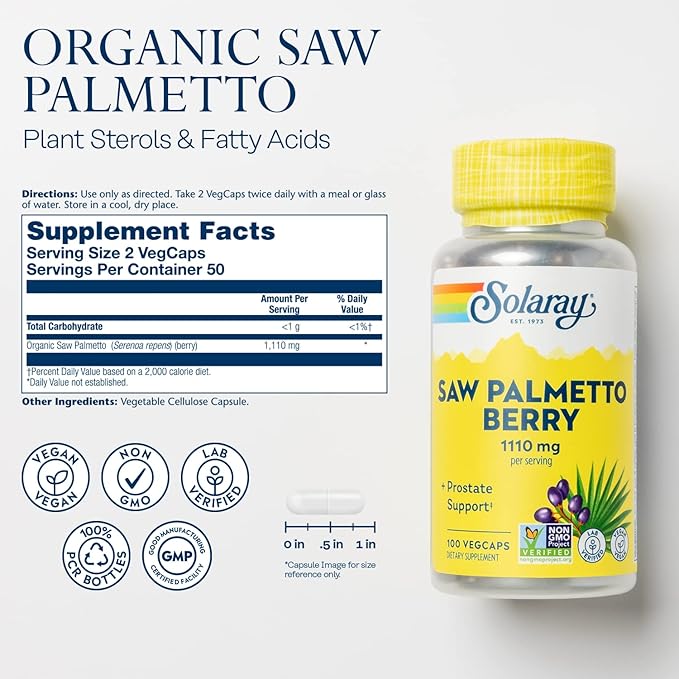 SOLARAY Saw Palmetto Berry 1110 mg, Organic Saw Palmetto for Men, Healthy Prostate Support from Fatty Acids & Plant Sterols, Non-GMO, Vegan & Lab Verified, 60-Day Guarantee, 50 Servings, 100 VegCaps