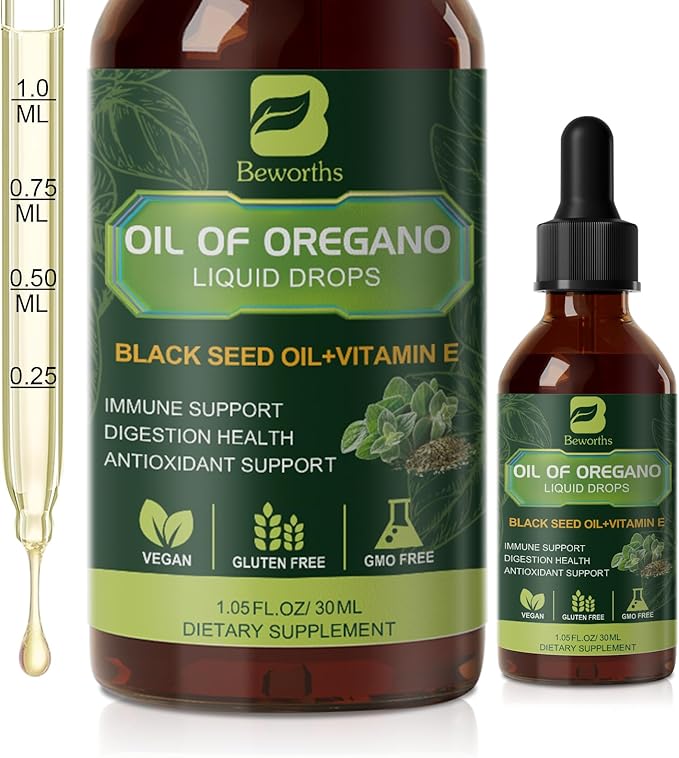Oregano Oil Drops, Oil of Oregano with Black Seed Oil, Vitamin E, Oregano Supplement Herbal Blend for Immune & Antioxidant Support, Digestive, Overall Health | Vegan, Sugar-Free, Non-GMO, 1 Fl Oz