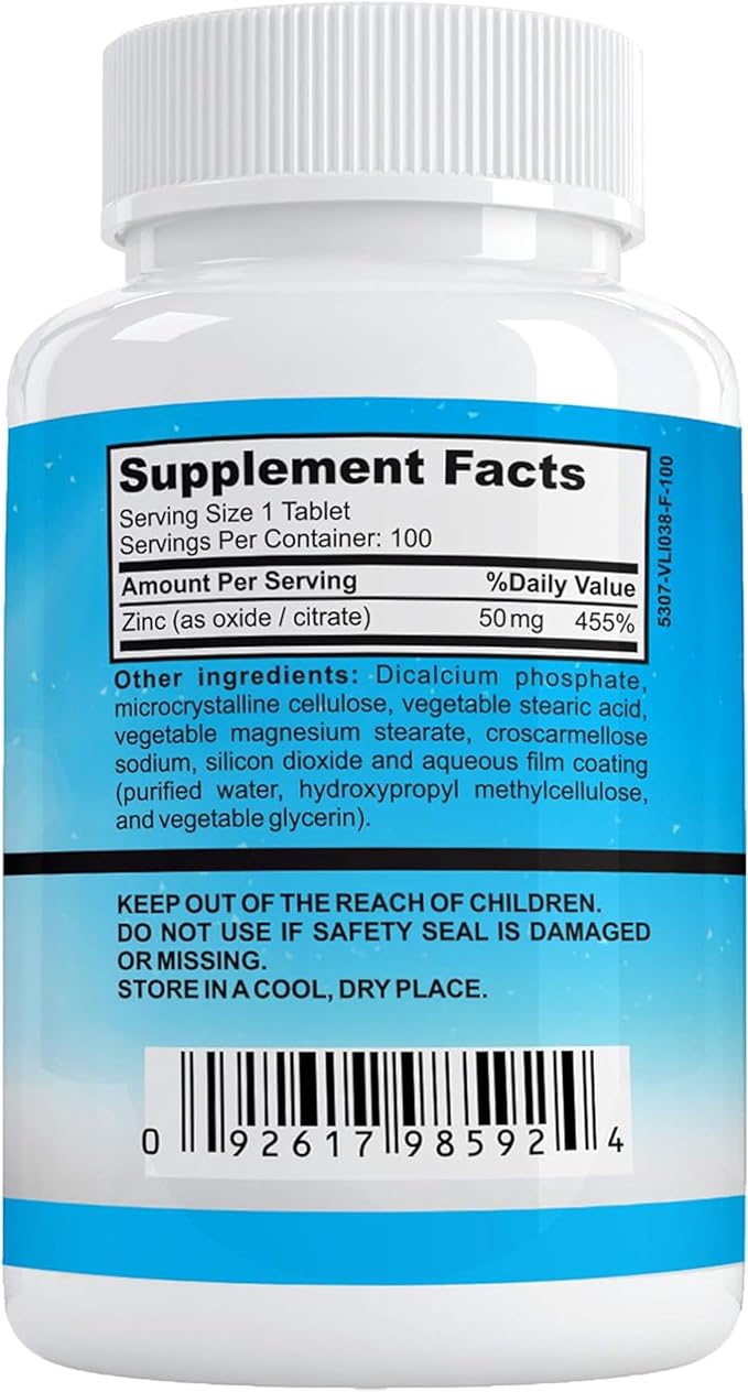 Aamatec Life Zinc Supplement 50 mg - Oxide/Citrate for Immune Support and Metabolism Support - Vegan Zinc 50mg Supports Heart and Eye Health - 100 Tables for Men and Women
