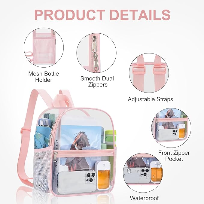 USPECLARE Clear Backpack Stadium Approved 12X11x6, Waterproof Clear Bag Stadium Backpack for Concert Work Sport Event