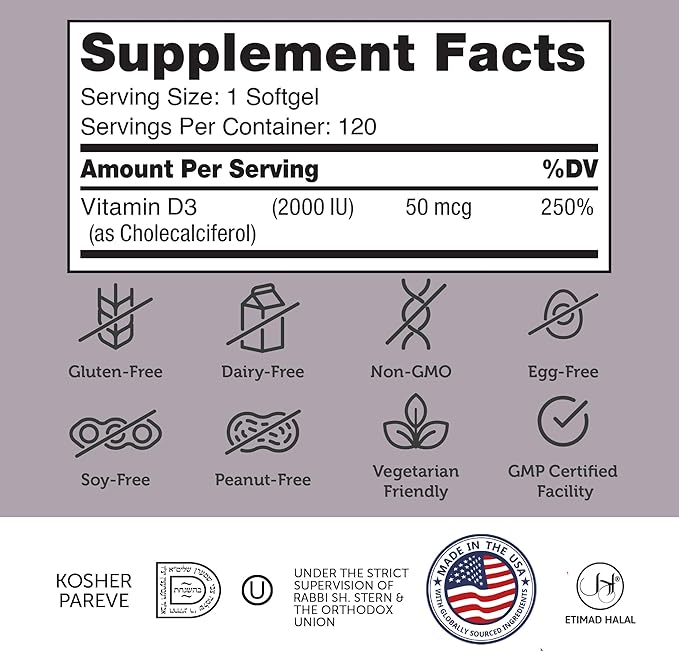 Zahler - Advanced Vitamin D3 2000 IU Softgels (120 Count) Kosher Vegetarian Friendly Vitamin D for Immune Support, Bone, Teeth & Muscle Health - Daily D3 Vitamin Supplement for Adults - Easy Swallow V