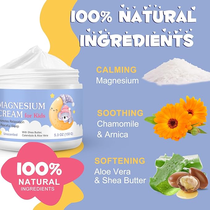 Magnesium Lotion for Kids, Topical Magnesium Cream with Shea Butter, Calendula & Aloe Vera, for Babies, Toddlers & Juniors, Apply to Legs, Arms or Chest, Easy To Absorb - 5.3 oz