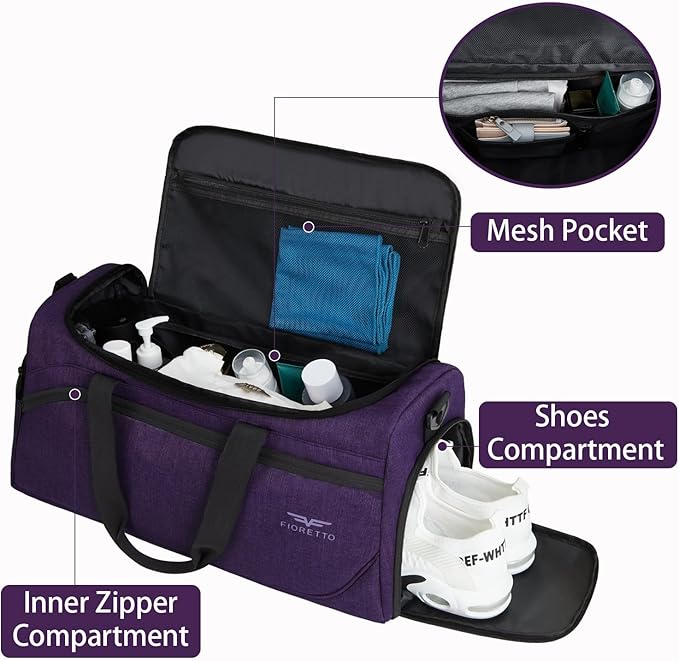 FIORETTO 35L Mens Sports Gym Bag with Toiletry Bag & Shoe Compartment, Travel Duffle Bag Overnight Bag with Padded Shoulder Strap, Sports Holdall for Swimming, Basketball Purple