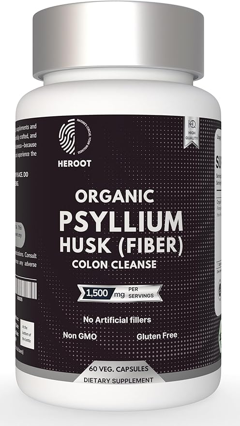 Psyllium Husk Fibre Capsules 1000mg (60 Caps) – Natural Digestive Supplement, unflavored, Gluten-Free, Non-GMO, Wheat & nut Free. Serving Size: 2 Capsules. for Men & Women.