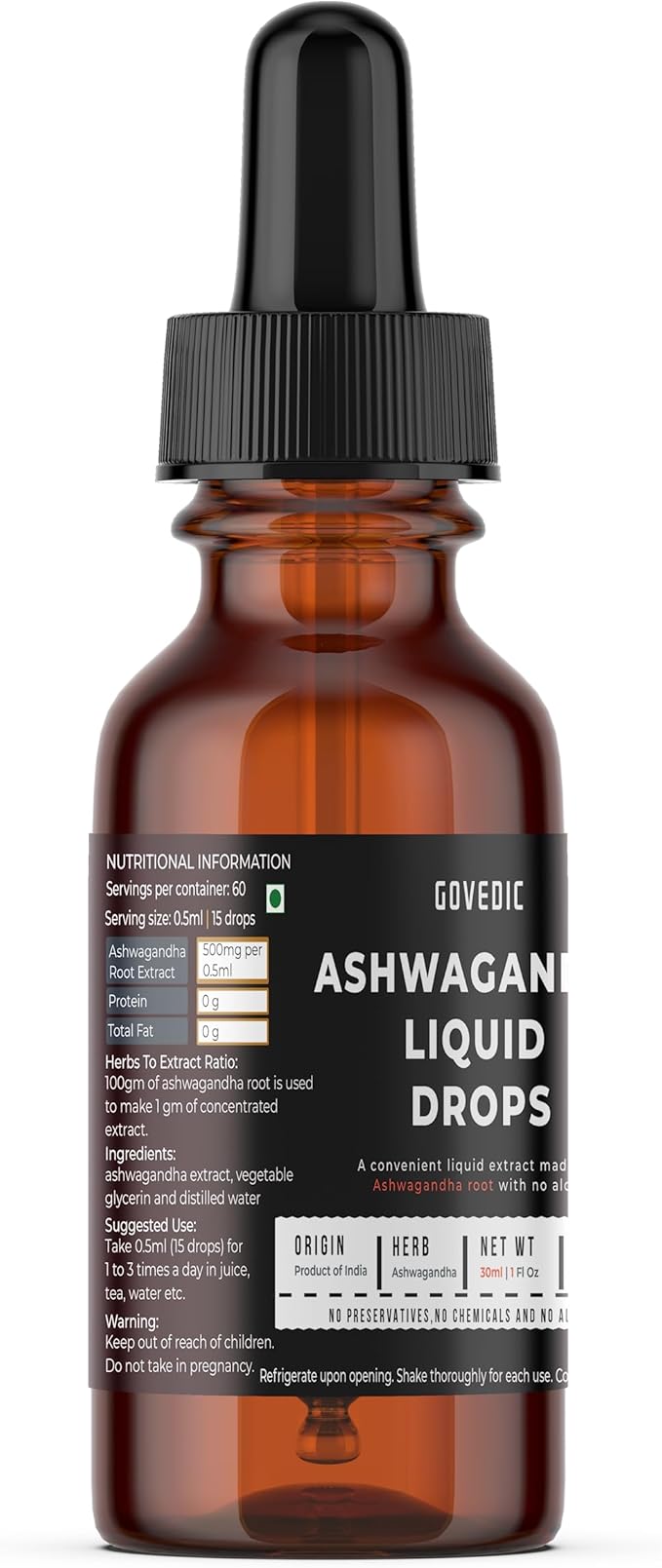 Ashwagandha Liquid Drops Concentrated 1 Fl Oz 30ml | 60 Servings of 500mg Organic Root Tincture Extract Supplement | Stress Relief, Energy & Immunity, Mental Focus, Fast Absorption