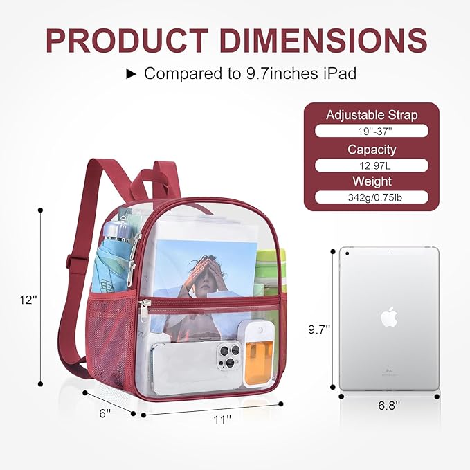 USPECLARE Clear Backpack Stadium Approved 12X11x6, Waterproof Clear Bag Stadium Backpack for Concert Work Sport Event