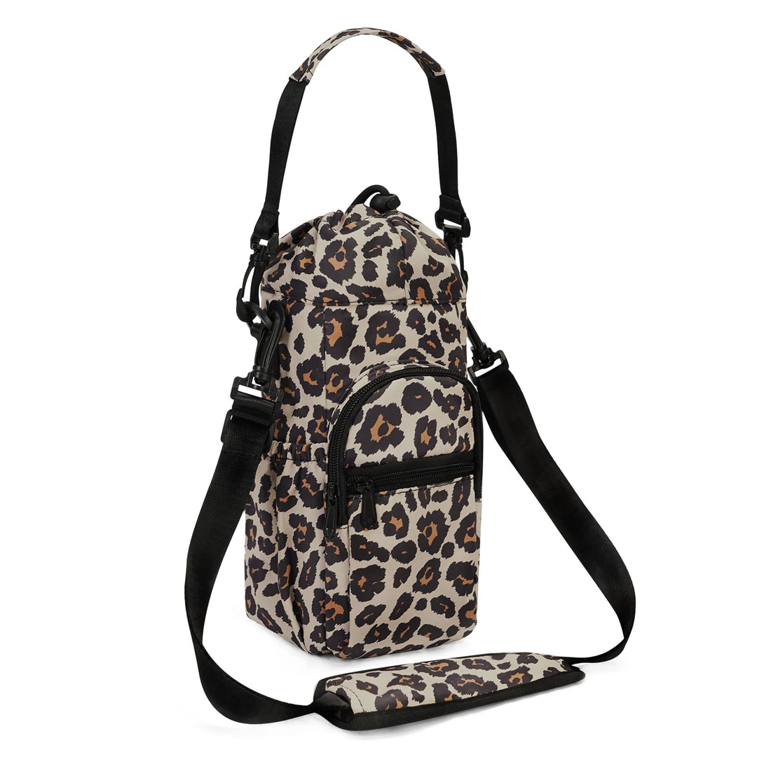 sportsnew Water Bottle Holder with Strap 32oz 40oz Insulated Water Bottle Carrier Sling Bag with Phone Pocket Water Bottle Sleeve for Walking Hiking, White Leopard, Patent Pending