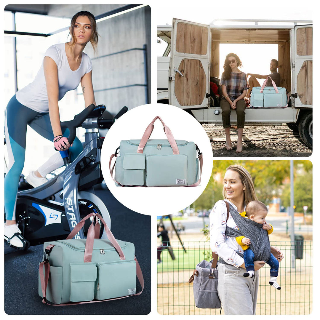 FIORETTO Women's Water-Resistant Gym Duffle Bag with Shoes Compartment, 37L Capacity, Multi-Functional, Ideal for Travel, Gym, Sports, Weekender, with Toiletry Bag, Green & Pink