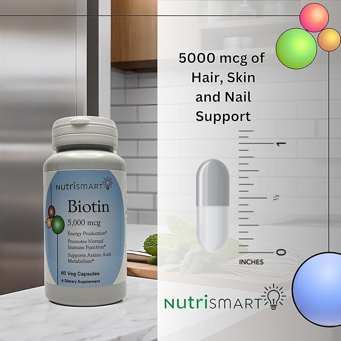 Biotin 5000 mcg Vitamin Supplement Hair Skin & Nail Strengthening to Aid Stress Relief Metabolism Carbohydrate Energy & Nervous System Support 60 Veg Capsules GMO Free