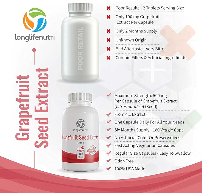 Grapefruit Seed Extract 500mg 180 Vegetarian Capsules | Made in USA | GSE Potent Immune Vitamin & Overall Health Supplement | Non GMO Gluten Free Pill