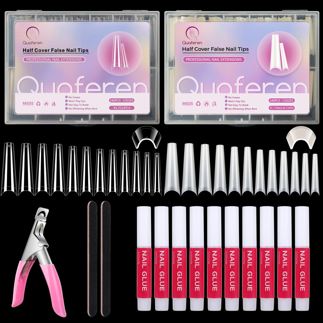 480Pcs Coffin Nail Tips For Acrylic Nails Professional Set, Xxl Extra Long Acrylic Nail Tips And Glue Set, Half Cover Natural &