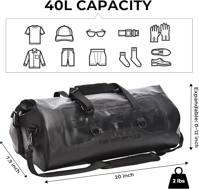 40L Waterproof Motorcycle Duffel Bag - Motorcycle Luggage Tail Bag with Straps for Back Seat - Roll Top Dry Bag for Kayaking, Rafting, Boating, Camping, Travel, Beach (Black)