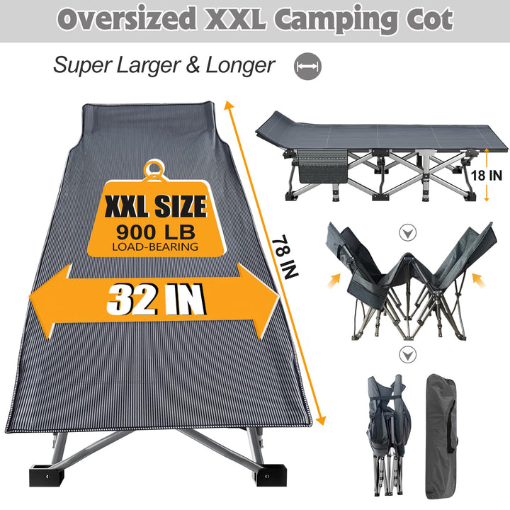ABORON 2Pack Oversized XXL Folding Camping Cot W/Mat for Adults, 78" L x 32" W x 18" H Heavy Duty Outdoor Bed with Carry Bag,1200 D Layer Oxford Travel Camp Cots