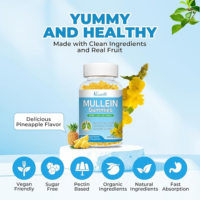 Mullein Gummies, Mullein Leaf Extract for Lungs Gummies with Bromelain, Quercetin, Magnesium - Lung Detox & Cleanse, Pineapple Flavor, 120Cts