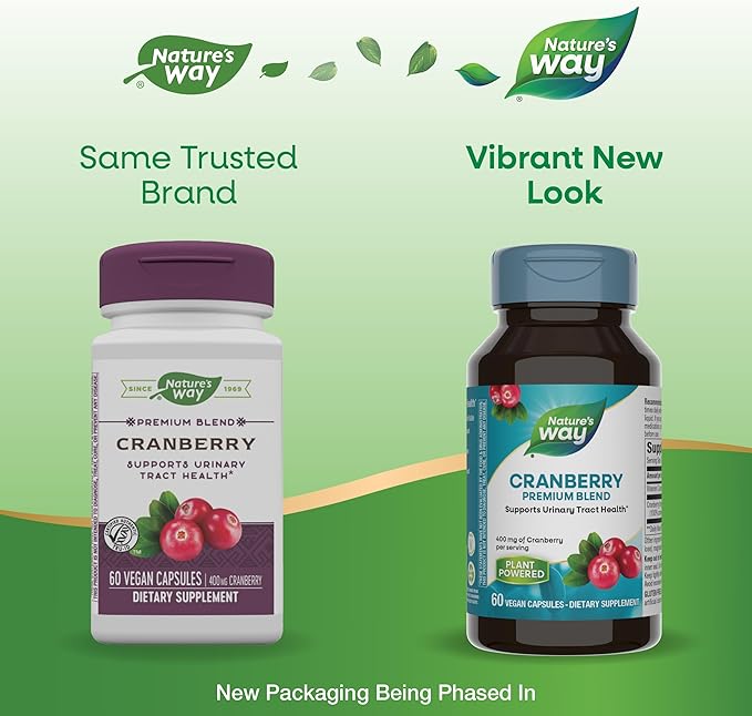 Nature's Way Premium Blend Cranberry, Urinary Tract Health Support*, with 100% Cranberry Concentrate, 400 mg Per Serving, 60 Capsules (Packaging May Vary)