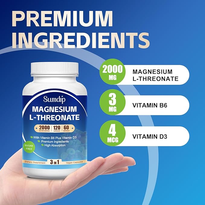 Magnesium L-Threonate Capsules, 2000 mg per Serving, High Absorption, Supports Immune, Suitable for Men and Women,120 Vegetarian Capsules