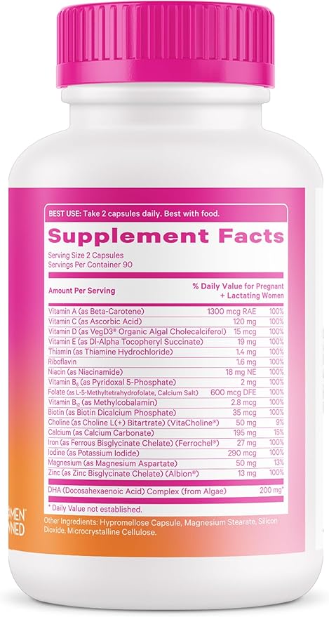 Pink Stork Total Prenatal Vitamins with DHA, Folate, and Iron, 3 Month Supply to Help Support Fetal Development, Pregnancy Must Haves - 180 Capsules