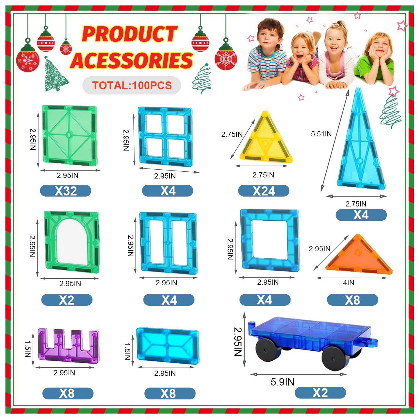 100PCS Magnetic Tiles Building Blocks with 2 Cars Montessori Toys for 3 4 5 6 7 8 Year Old Boys Girls Kids STEM Learning Educational 3D Rainbow Castle Construction Magnet Toys Christmas Birthday Gifts