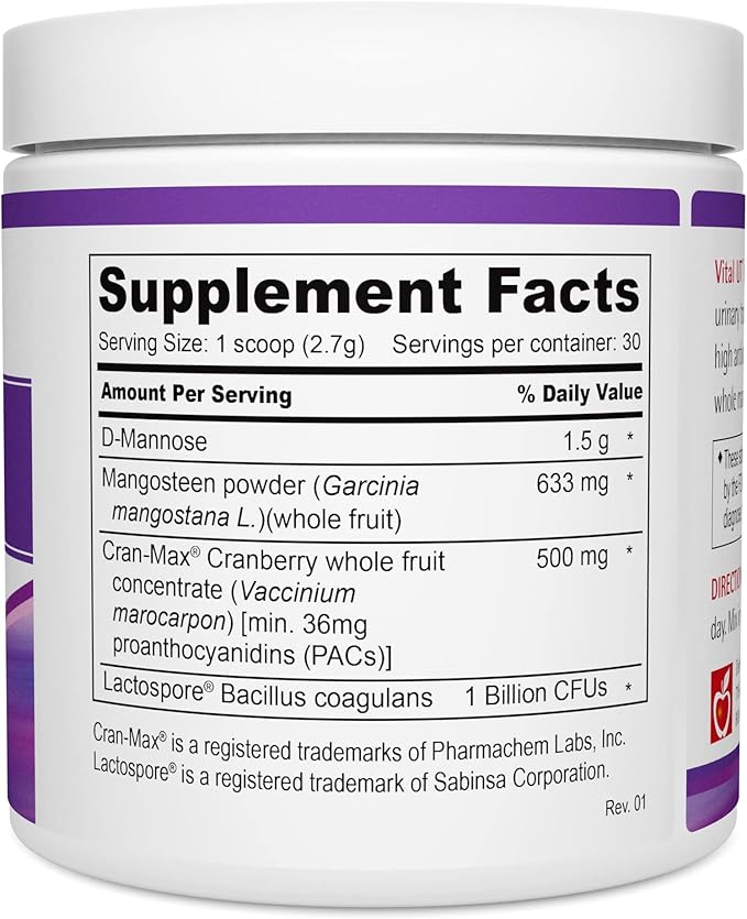 Vital UT Powder with D-Mannose, Cran-Max Cranberry, LactoSpore Probiotic for Urinary Tract and Bladder Health, 36mg PACs and 1 Billion Spore Probiotics Per Scoop (30 Servings)