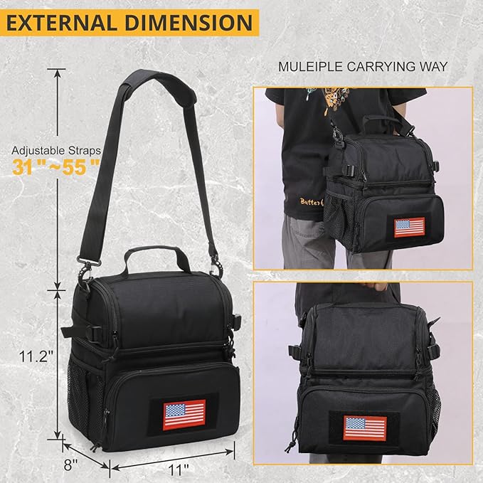 ATRIPACK 2 Compartment Lunch Bag for Men Adult, Tactical Lunch Box Leakproof Insulated Large Cooler Bag for Work with Adjustable Shoulder Strap Flag Double Layer Lunch Pail（Black）