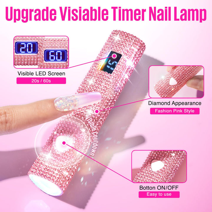 MEFA UV Light for Gel Nails, Pink Glitter Handheld Nail Lamp Visible LED Timer Touch Screen, Cordless Nail Light for Gel Nail Polish Stickers Strips, Gifts for Women