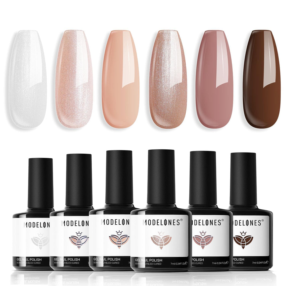 modelones Gel Nail Polish Set, 6 Colors Nude Hema Free Gel Polish Skin Tone Neutral Brown Pink Glitter Shimmer Nude Nail Polish Starter Kit Soak Off All Season Manicure DIY Salon Gift