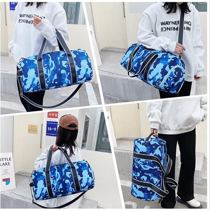 Kids Overnight Duffle Bag Girls Boys Sports Gym Bag with Shoe Compartment Wet Pocket Camouflage travel bag (Blue)