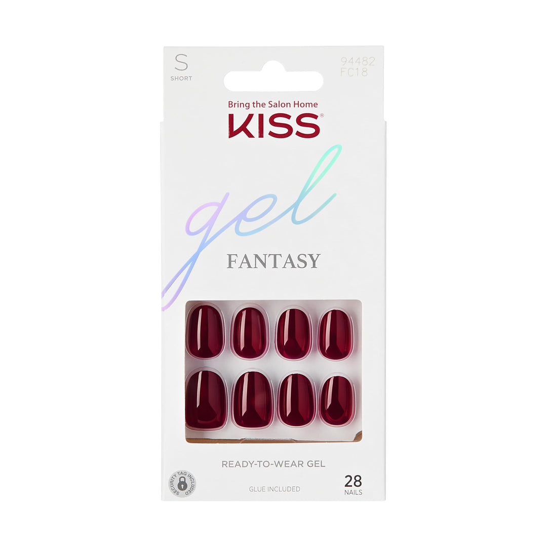 Kiss Gel Fantasy, Press-On Nails, Nail Glue Included, 'One Call', Red, Short Size, Oval Shape, Includes 28 Nails, 2G Glue, 1 Man